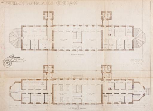 Pavillons militaires annexés à l'hôpital civil. Pavillon des malades généraux : plans du rez-de-chaussée et du premier étage, 23 février 1909.